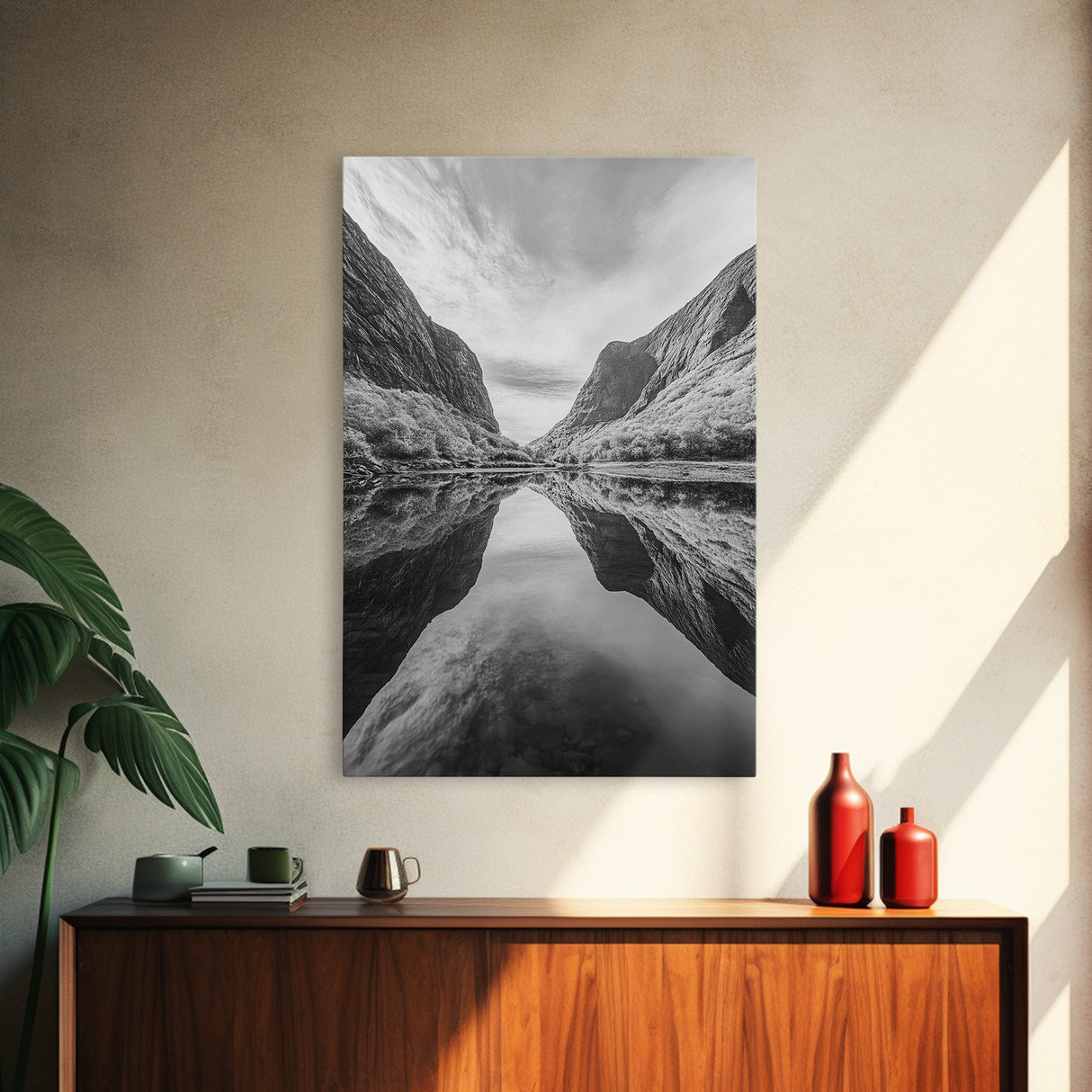 Fjord Reflection, Mountain Valley Calm, Mirror Lake, Canvas Print, Hallway Wall Art, Scandinavian Style Art, Black and White Minimalist