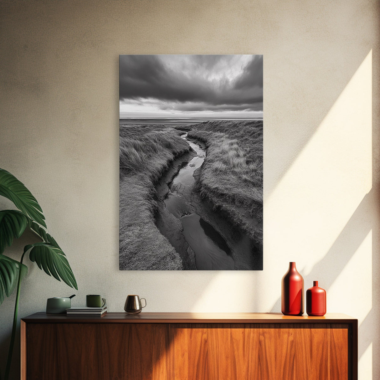 Winding Stream, Grassy Dunes, Ocean Horizon, Canvas Print, Kitchen Wall Art, Black and White Nature Scene, Coastal Rustic Decor