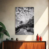 Mediterranean Villa, Palm Tree Art, Coastal Pathway, Framed Canvas Print, Living Room Decor, Summer Wall Art, Black and White Photography