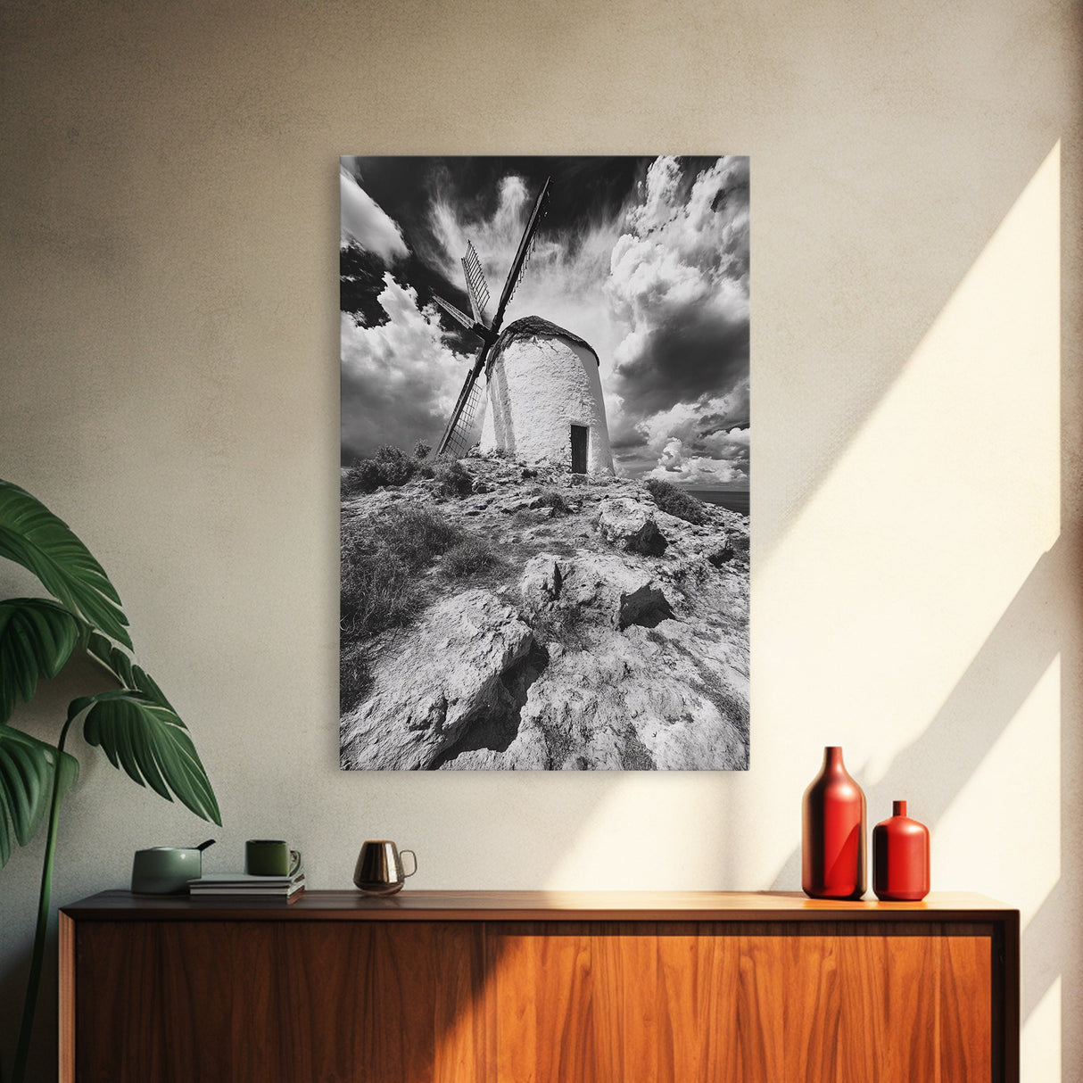 Windmill Hill, Dramatic Sky Art, European Landscape, Framed Canvas Print, Entryway Wall Art, Rustic Decor, Monochrome Photography