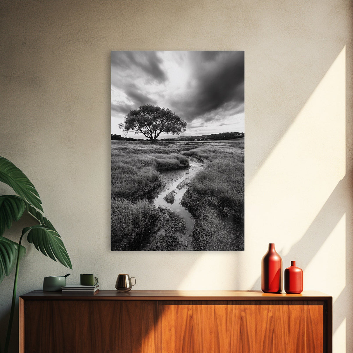 Solitary Tree, Storm Sky, Tranquil Meadow, Nature Landscape, Framed Canvas Print, Rustic Decor, Fall Wall Art, Bedroom Minimalist Art