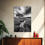 Solitary Tree, Storm Sky, Tranquil Meadow, Nature Landscape, Framed Canvas Print, Rustic Decor, Fall Wall Art, Bedroom Minimalist Art