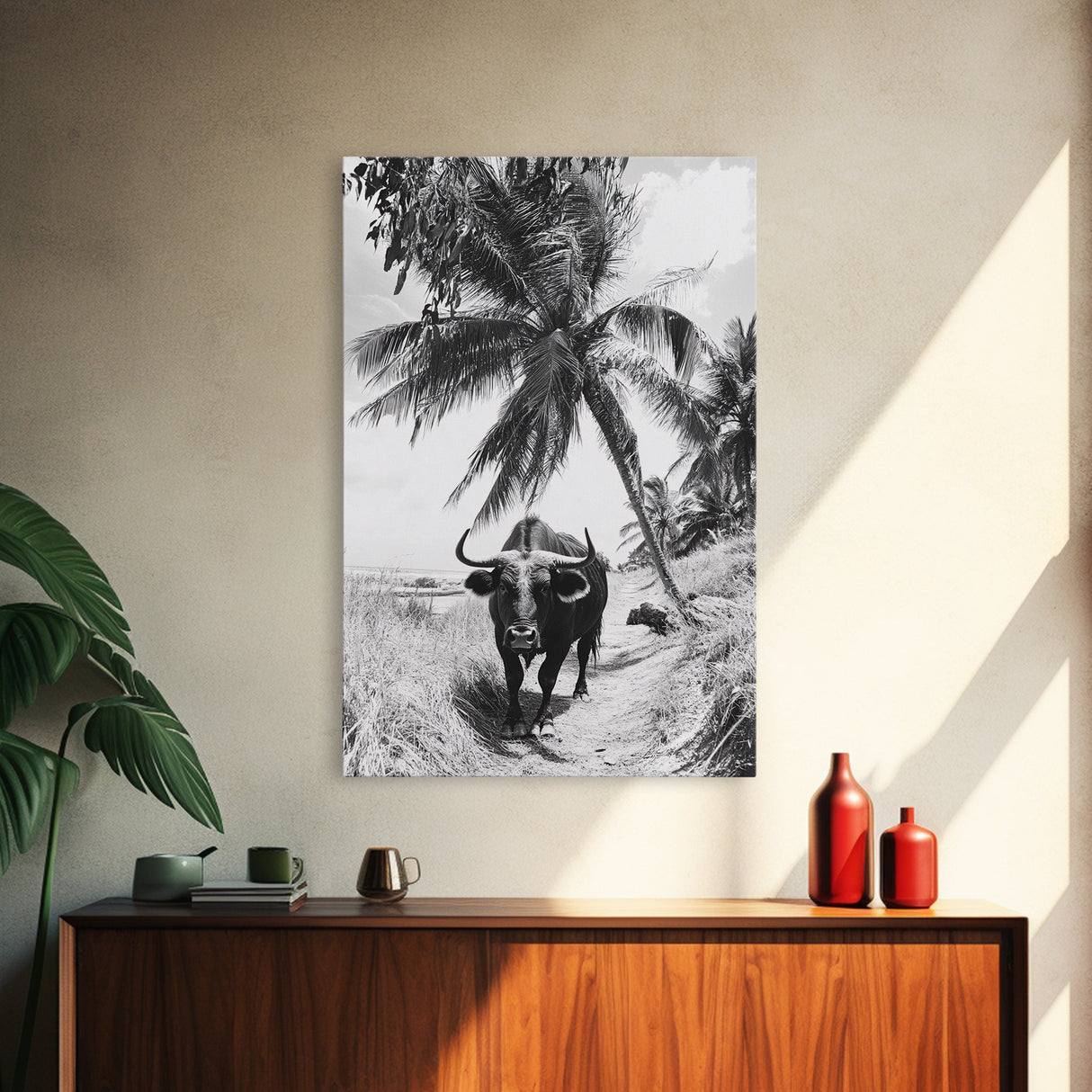 Tropical Bull, Palm Tree, Island Wildlife, Rural Photography, Framed Canvas Print, Kitchen Wall Art, Exotic Boho Decor, farmhouse decor