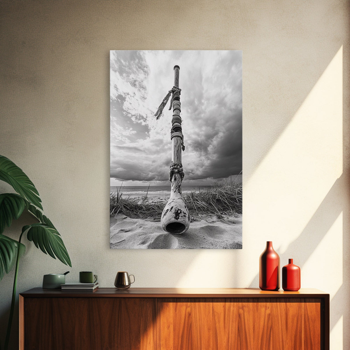 Coastal Totem, Beach Symbol, Stormy Horizon, Framed Canvas Print, nautical art, entryway decor, tribal coastal artwork, Modern Loft Decor