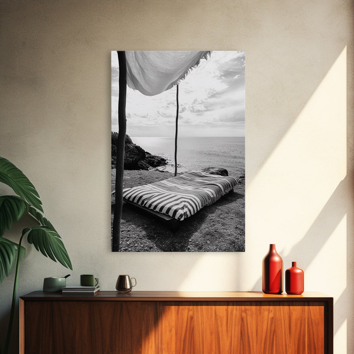 Seaside Nap, Minimal Daybed, Coastal Shade, Serene Moment, Canvas Print, Beach Bedroom Decor, Boho Seaside Art, Coastal Wall Style
