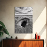 Burrow Entrance, Hidden Hole, Grassland Tunnel, Canvas Print, Nature Wall Art, Living Room Decor, Black White Landscape Photography