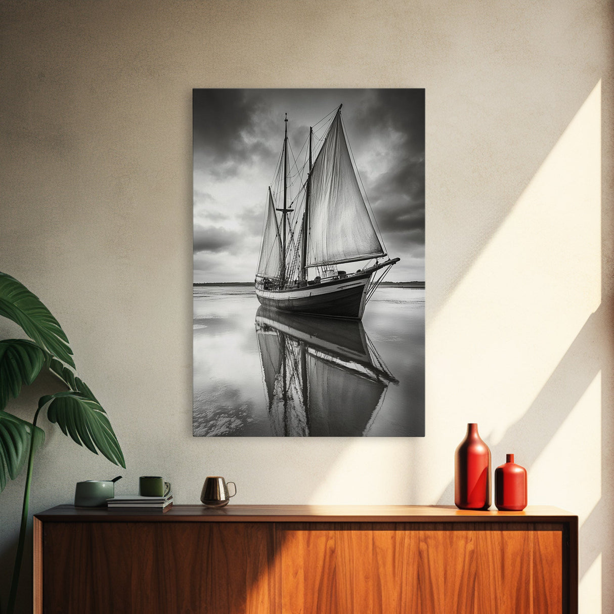 Sailboat Reflections, Calm Waters, Stormy Sky, Canvas Print, Nautical Wall Art, Office or Den Decor, Classic Maritime Photography