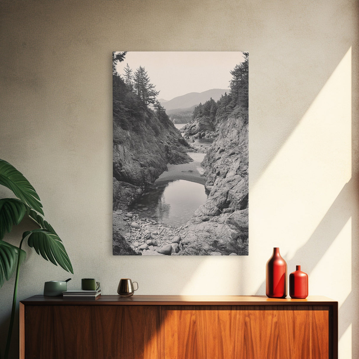 Forest Coast, Rocky Shore, Ocean View, Framed Canvas Print, Serene Nature Wall Art, Bathroom or Hallway Decor, Pacific Northwest Style