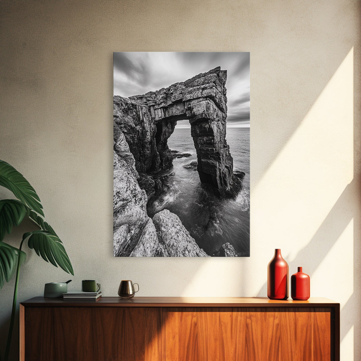Sea Arch, Coastal Rock, Ocean Cliffside, Canvas Print, Dramatic Nature Wall Art, Living Room or Office Decor, Black White Seascape