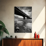 Stormy Bridge, River Rocks, Dramatic Sky, Modern Landscape, Framed Canvas Print, Moody Photography, Office Wall Art, Minimalist Decor