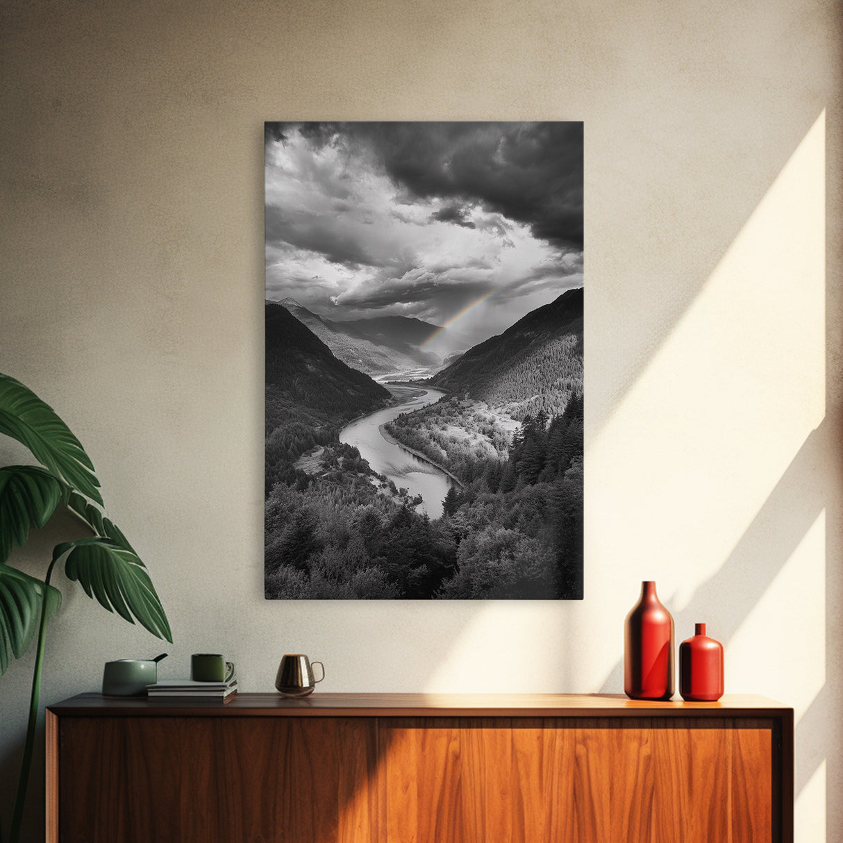 Mountain Valley, Rainbow River, Forest Panorama, Cloud Drama, Framed Canvas Print, Living Room Wall Art, Tranquil Nature, Scenic Beauty