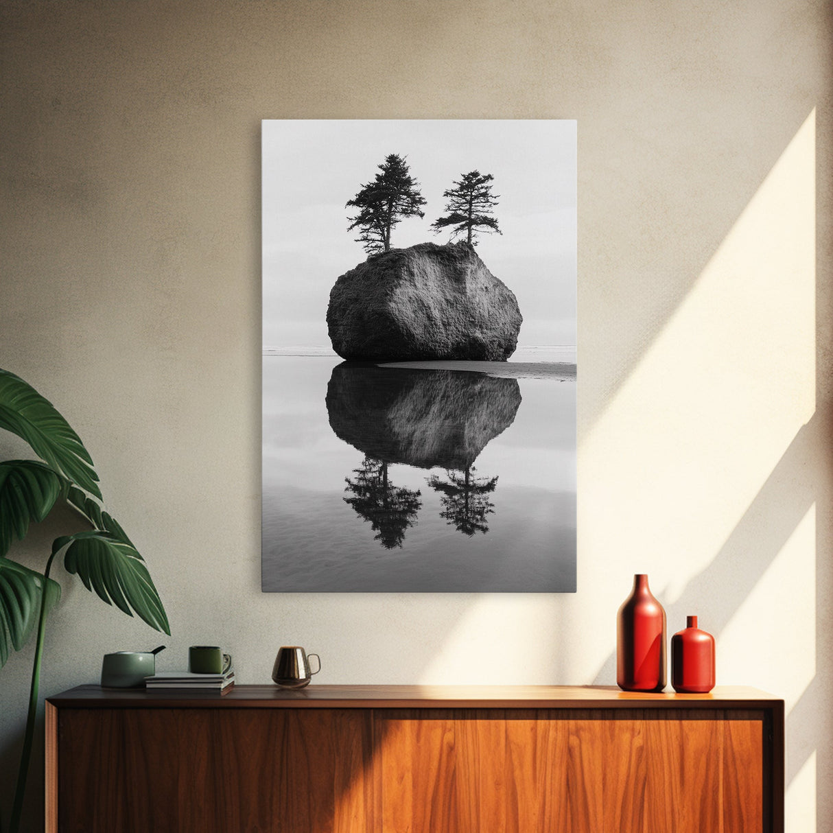 Island Reflection, Twin Trees, Still Water, Minimal Seascape, Framed Canvas Print, Bedroom Wall Art, Zen Decor, Black and White Art
