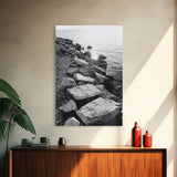 Shore Rocks, Sunlit Ocean, Rugged Texture, Minimal Horizon, Framed Canvas Print, Entryway Wall Art, Beach Decor, Neutral Tones