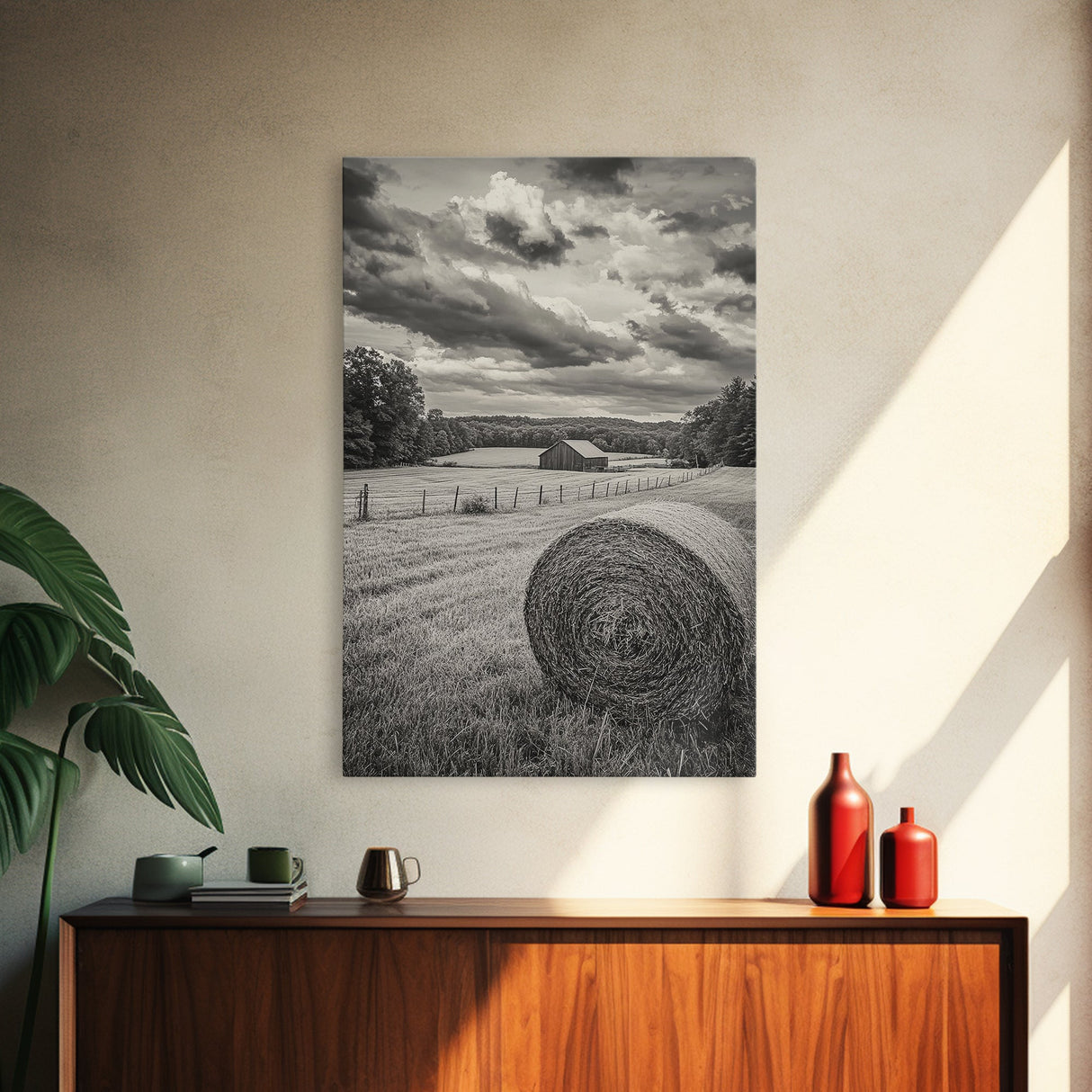 Autumn Hay Bale, Farm Field Scene, Country Landscape, Black and White Canvas Print, Rustic Kitchen or Fall Living Room Wall Art