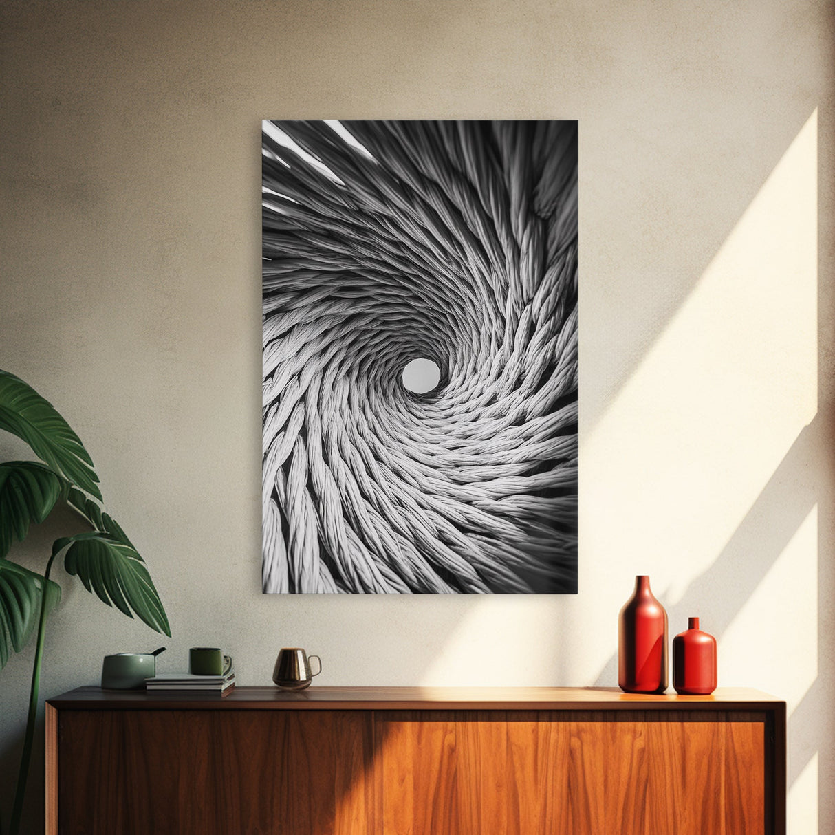 Twisted Rope Spiral, Abstract Fiber Art, Monochrome Texture, Modern Canvas Print, Minimalist Office or Contemporary Wall Decor