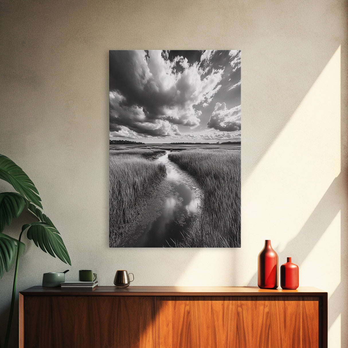 Marshland Stream, Dramatic Clouds, Nature Reflection, Canvas Print, Minimalist Landscape, Bathroom Art, Earthy Tones, Zen Mood