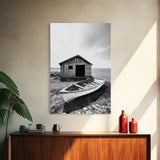 Shore Cabin, Rowboat Rest, Coastal Cabin, Serene Shoreline, Canvas Print, Lake House Wall Art, Rustic Decor, Living Room Seaside Art