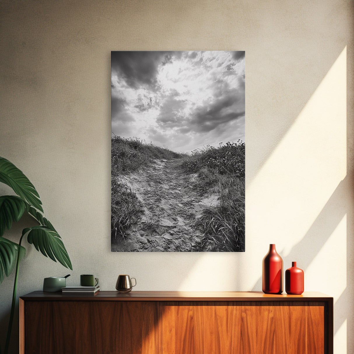 Sandy Trail, Ocean Path, Windy Grass, Moody Sky, Framed Canvas Print, coastal nature photography, hallway decor, rustic neutral art