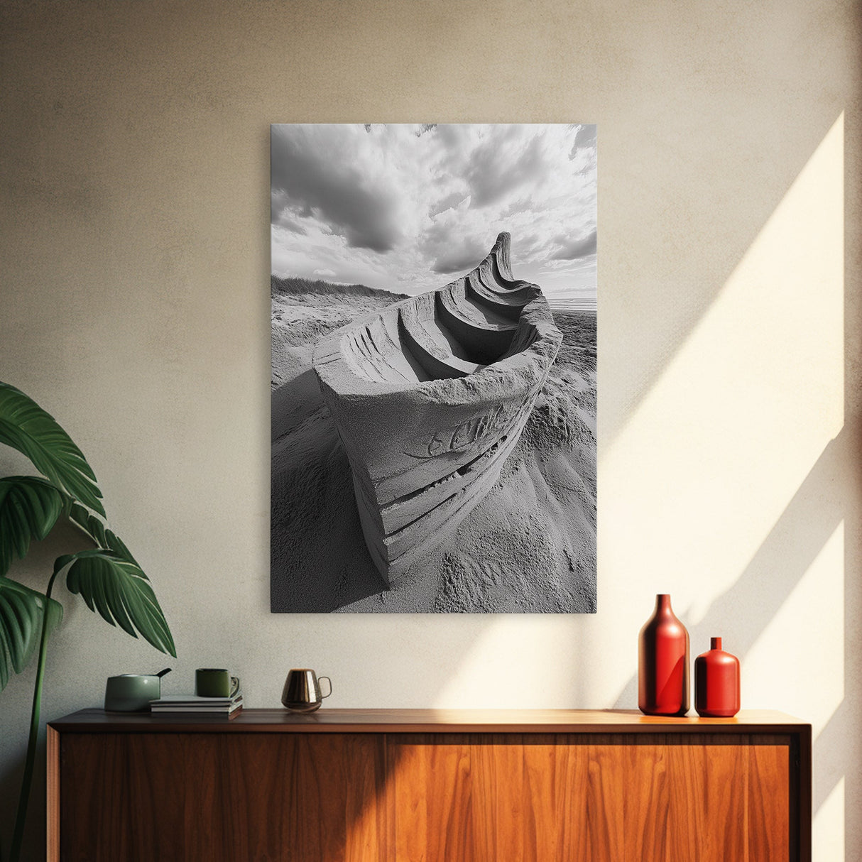 Sand Boat, Beach Sculpture, Dramatic Clouds, Textured Art, Framed Canvas Print, nautical wall art, coastal boho decor, modern beach print