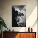 Stormy Cliffs, Ocean Fog, Monochrome Coast, Wild Nature Framed Canvas Print, moody wall art, rustic living room decor, dark aesthetic