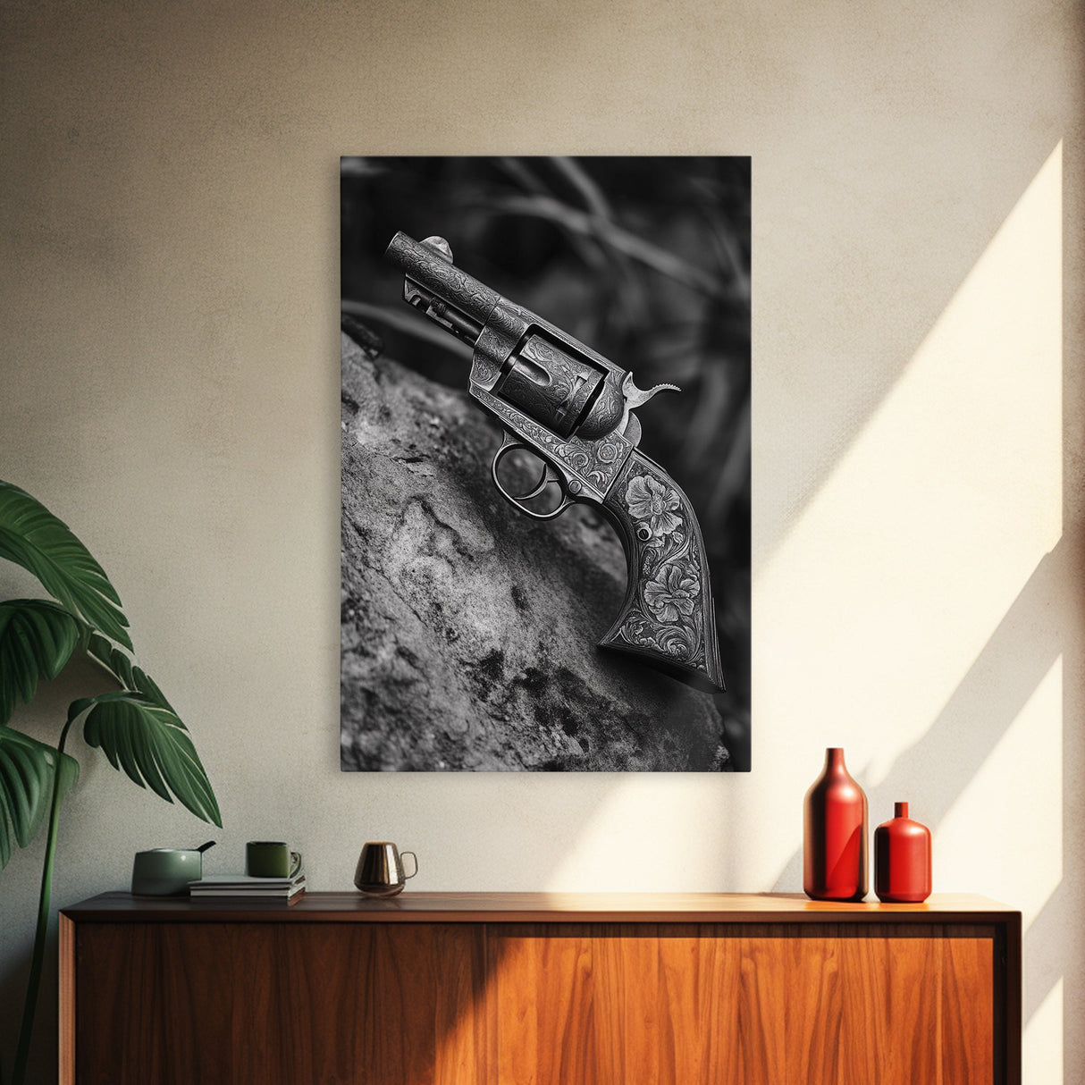 Floral Engraved Revolver, Vintage Western Gun, Cowboy Detail Shot, Canvas Print, Man Cave Art, Rustic Americana Wall Style
