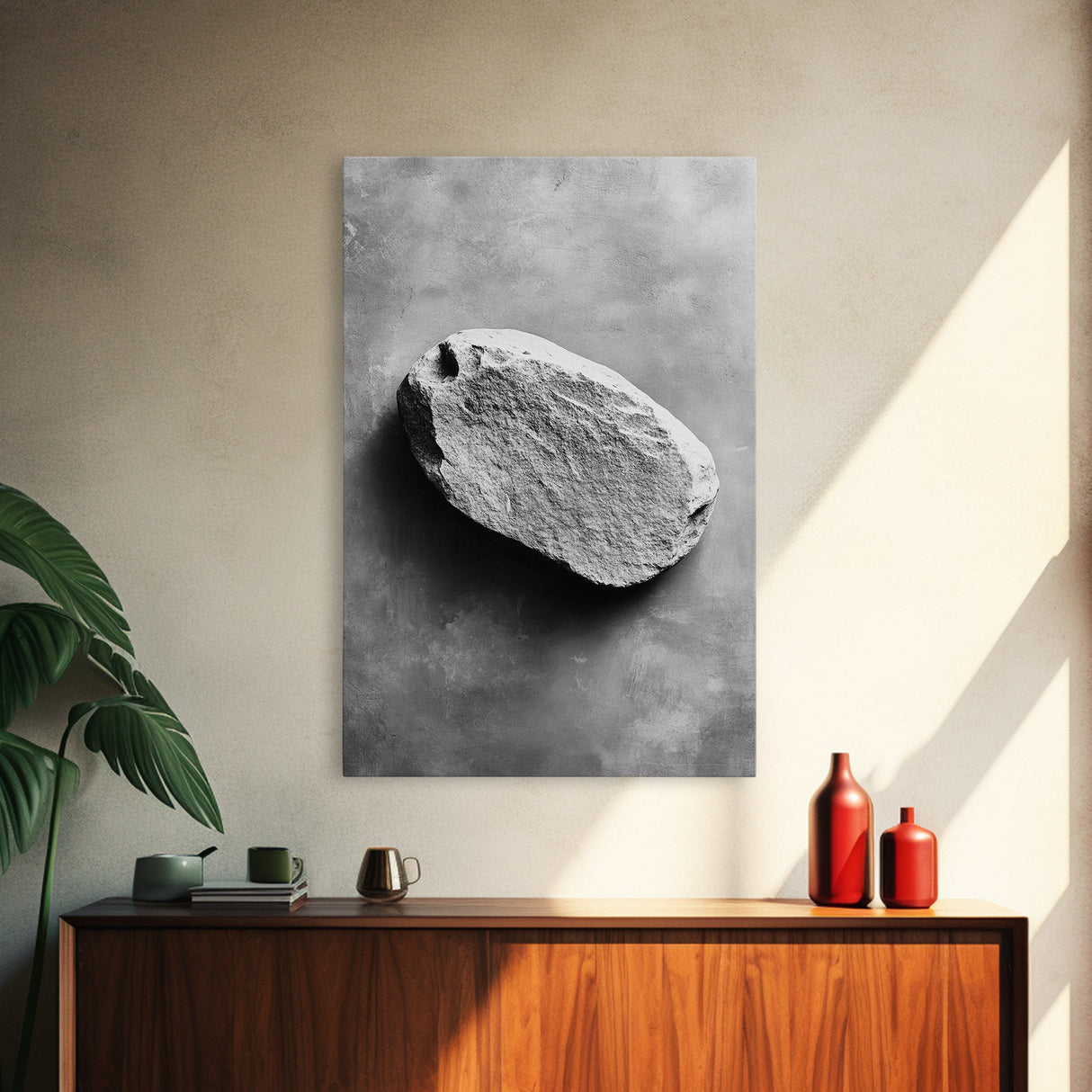 Primitive Rock, Shadow Texture, Minimal Earth Tone, Framed Canvas Print, Zen Wall Art, Office Decor, Neutral Modern Aesthetic
