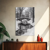 Stone Bridge, Winter Stream, Historic Pathway, Framed Canvas Print, Snowy Landscape Art, Traditional Living Room Wall Decor