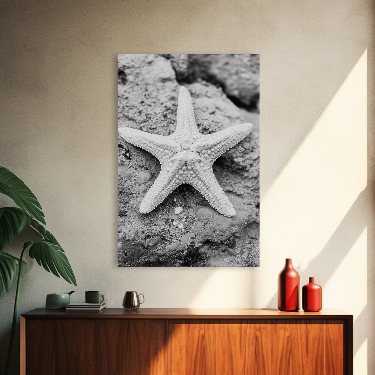 Starfish Closeup, Coastal Shell, Beach Texture, Framed Canvas Print, Bathroom or Ocean Nursery Decor, Minimal Beach Art