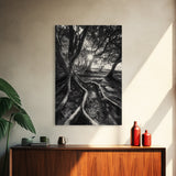 Sunlit Forest Roots, Tree Shadows, Golden Light, Framed Canvas Print, Boho Nature Wall Art, Bedroom Wall Decor, Earthy Tones