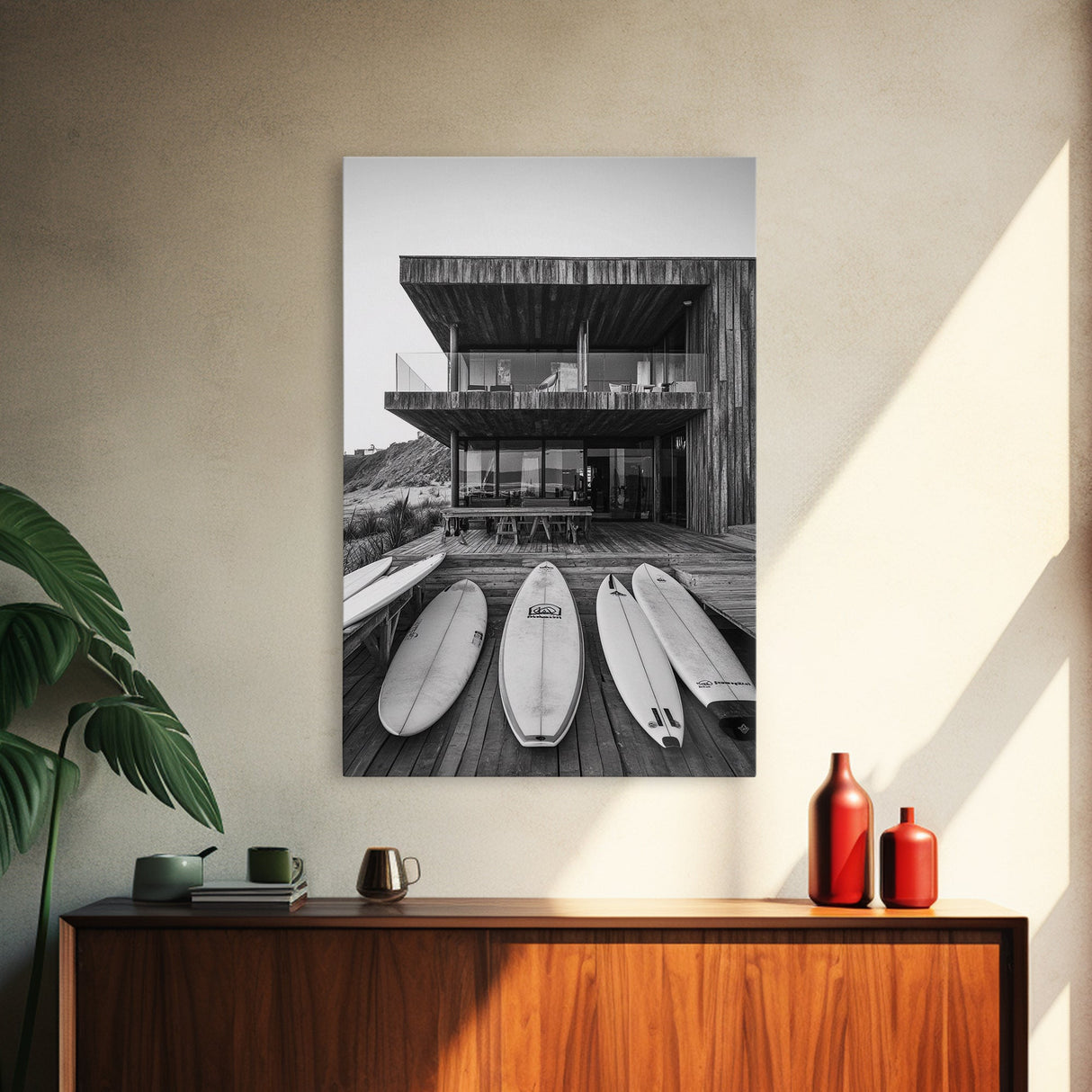 Surf Shack, Beach House, Modern Architecture, Coastal Lifestyle, Framed Canvas Print, Living Room Art, Nautical Wall Decor, Surf Wall Art