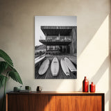 Surf Shack, Beach House, Modern Architecture, Coastal Lifestyle, Framed Canvas Print, Living Room Art, Nautical Wall Decor, Surf Wall Art