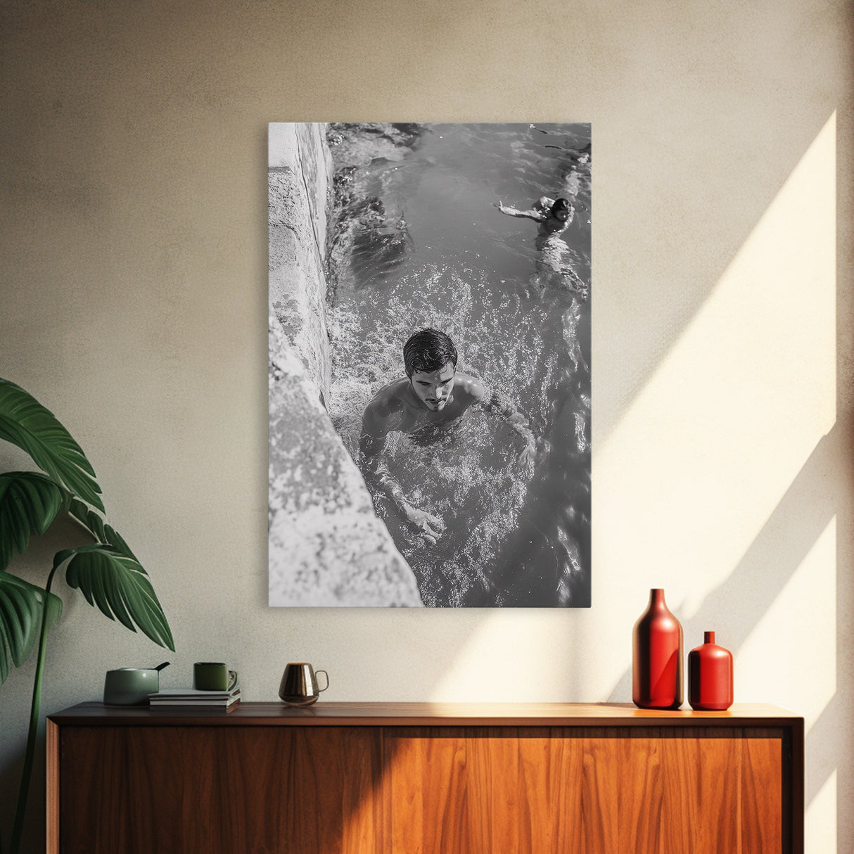 Swimmers, Summer Water, Beach Moment, Candid Photography, Framed Canvas Print, Bathroom Wall Art, Youthful Energetic Decor
