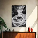 Sea Whirlpool, Dramatic Ocean, Coastal Rocks, Nature Motion, Framed Canvas Print, Bathroom Art, Modern Seaside Wall Decor
