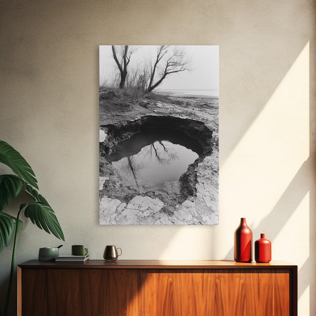 Reflected Trees Pool, Black White Nature, Moody Autumn Wall Art, Rustic Minimalist Style, Framed Canvas Print, Entryway Home Decor