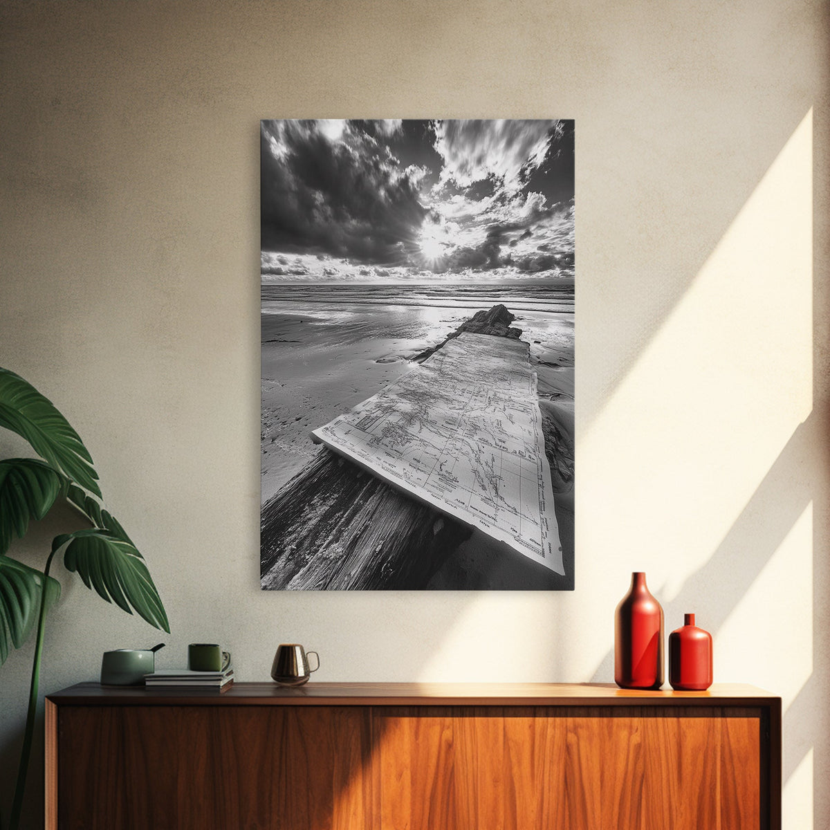 Map On Beach, Travel Adventure Art, Wanderlust Decor, Coastal Office Style, Framed Canvas Print, Explorer Aesthetic, Black White Scene