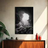 Sea Cave Entrance, Ocean Grotto, Light Escape, Rocky Tide, Canvas Print, Bathroom Wall Art, Black and White Seascape Photo