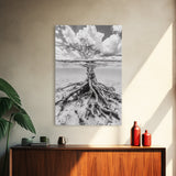 Half Underwater Tree, Split View Nature, Aquatic Roots, Stormy Skies, Framed Canvas Print, Coastal Wall Art, Unique Nature Photography