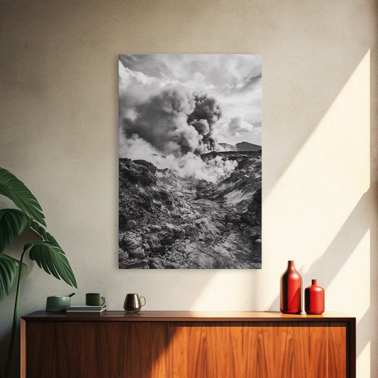 Volcanic Eruption Smoke, Lava Rocks, Earth Energy, Fiery Terrain, Framed Canvas Print, Office Wall Art, Dramatic Nature Landscape