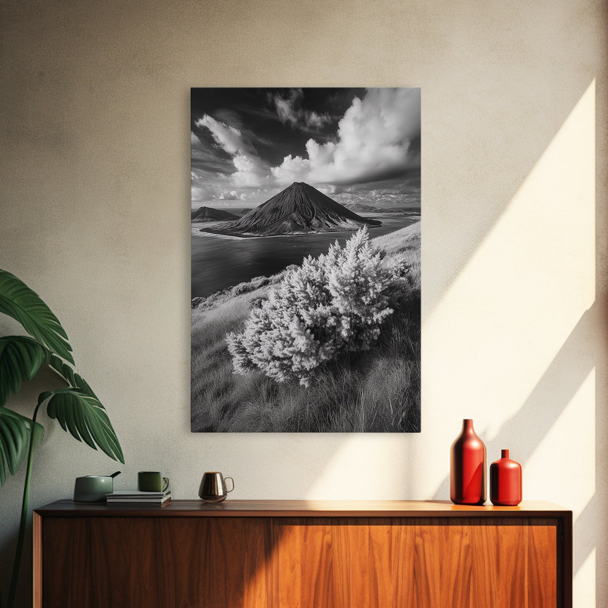 Majestic Volcano, Wild Grass, Black and White, Framed Canvas Print, Nature Photography, Office Decor, Moody Art, Rustic Wall Art