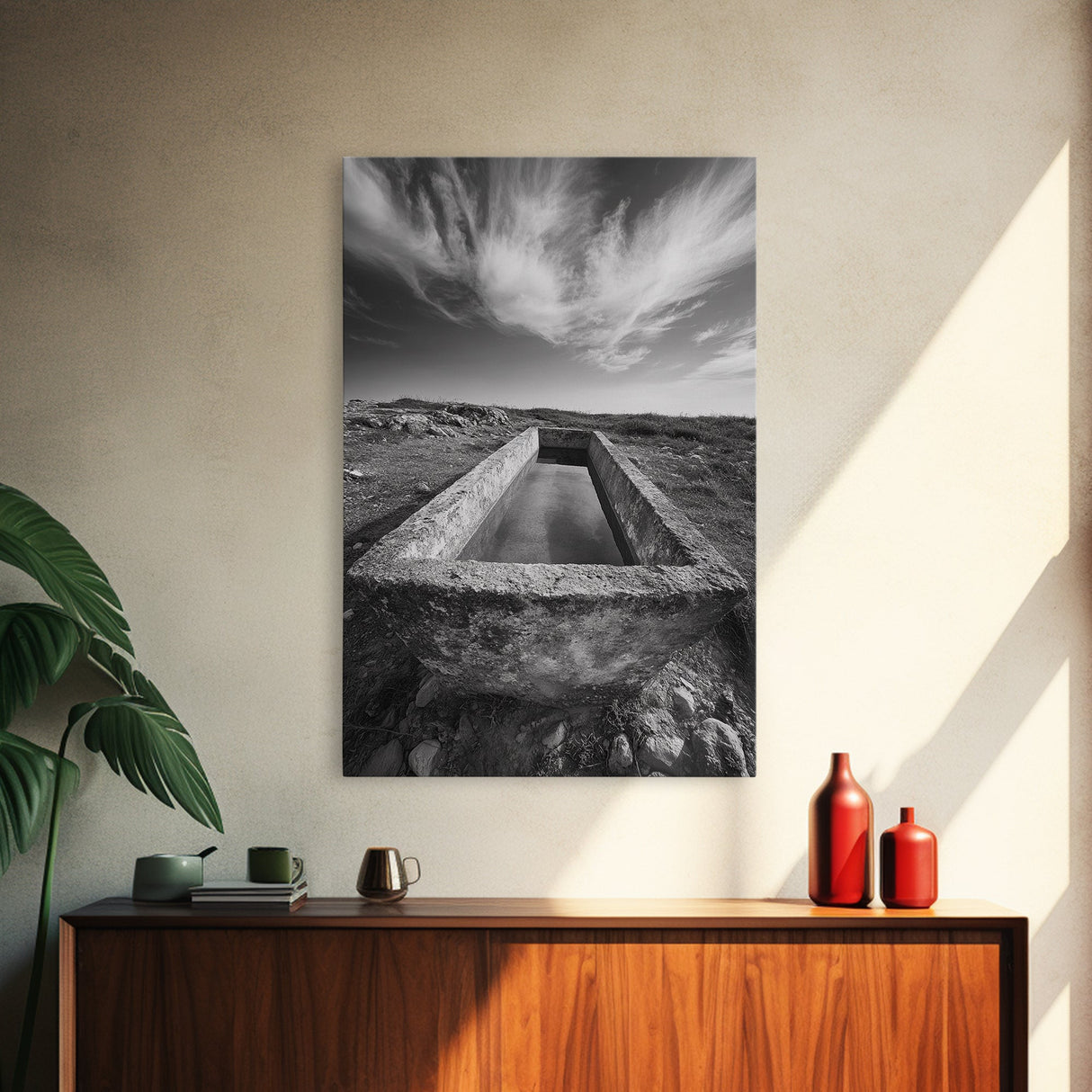 Stone Water Trough, Wild Horizon, Rustic Scene, Framed Canvas Print, Country Farm Decor, Outdoor Living Art, Neutral Wall Accent