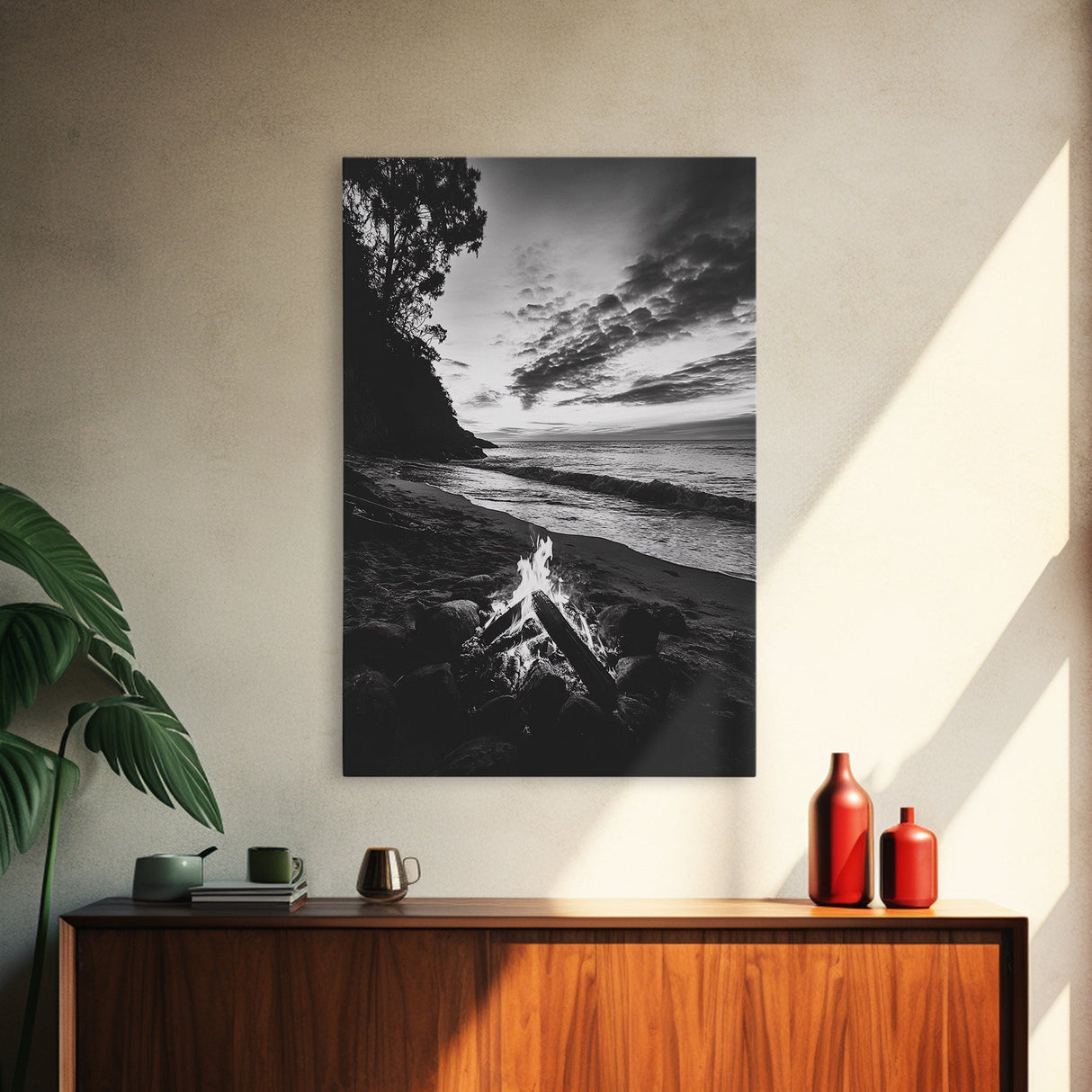 Shoreline fire night, beach flames, evening waves, rustic warmth, Canvas Print, Autumn decor, outdoor adventure minimalist wall art