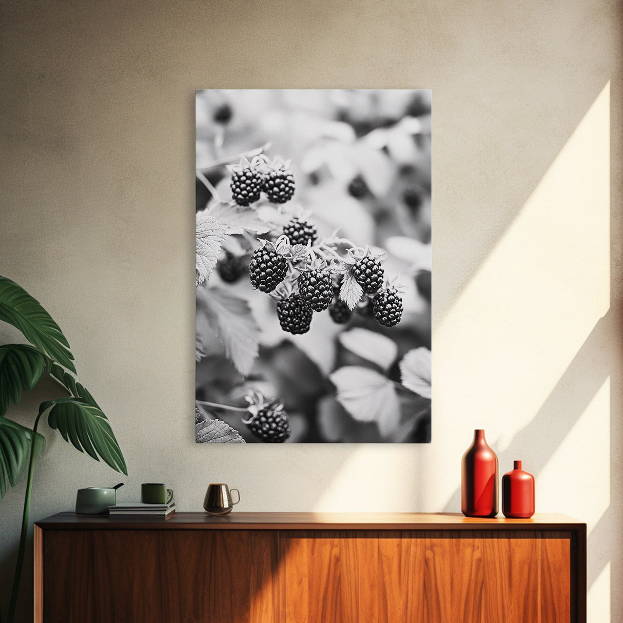 Blackberries in Bloom, Ripe Fruit Closeup, Garden Harvest, Natural Beauty, Framed Canvas Print, Farmhouse Kitchen Art, Fall Decor