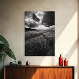 Golden Grass Field, Dramatic Sunset, Autumn Skies, Nature Movement, Framed Canvas Print, Fall Landscape Art, Living Room Decor