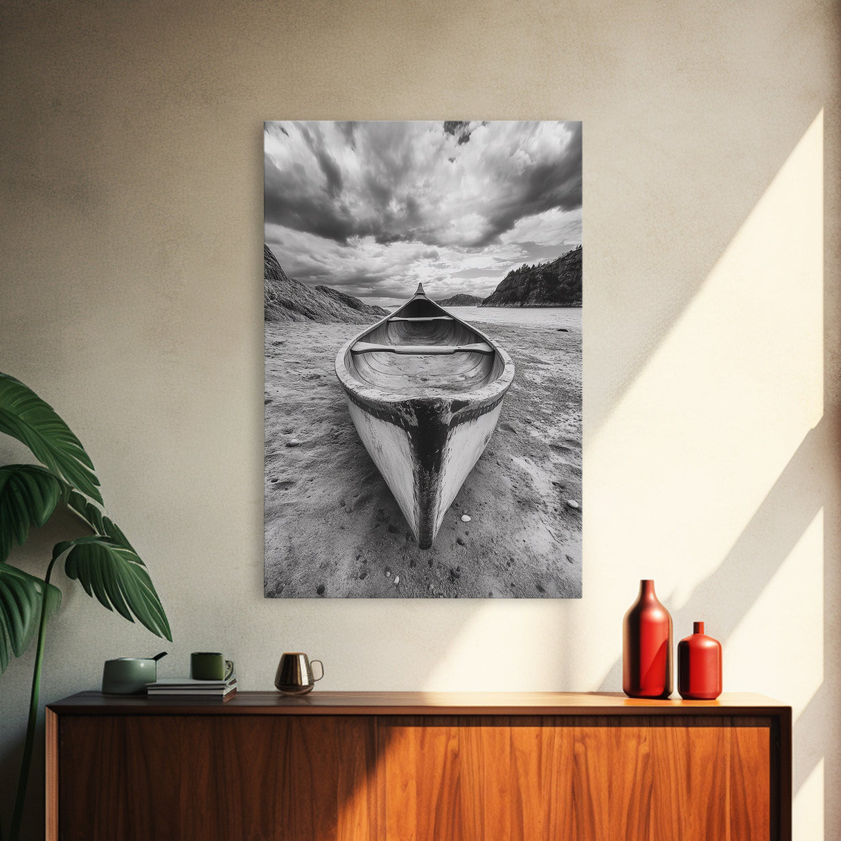Canoe, Shoreline, Dramatic, Sky - canoe landscape Canvas Print, rustic wall art, entryway decor, nature photography, monochrome mountain