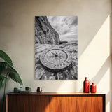 Compass On Cliff, Adventure Travel Art, Nautical Wall Decor, Framed Canvas Print, Rustic Office Art, Nature Explorer Gift Idea