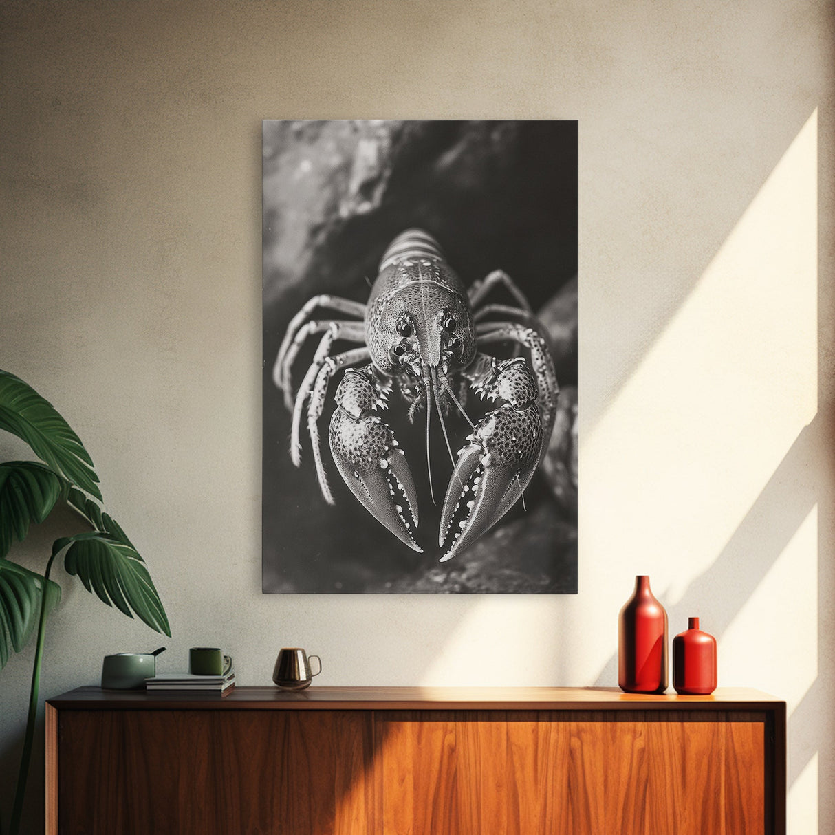 Lobster Close Up, Marine Life Art, Coastal Kitchen Decor, Monochrome Sea Animal, Framed Canvas Print, Ocean Wall Art, Nautical Print