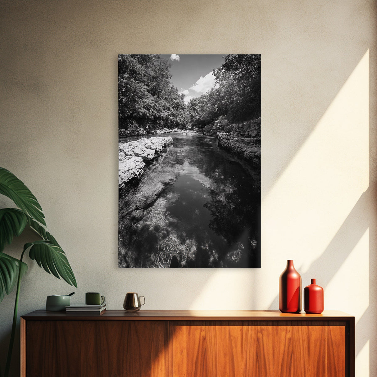 River Reflection, Nature Calm, Forest Stream, Canvas Print, Black and White Landscape Wall Art, Rustic Bathroom Decor, Tranquil Home Vibe
