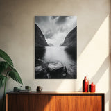 Mountain Lake, Nordic Fjord, Moody Water, Framed Canvas Print, Minimalist Wall Art, Serene Living Room Decor, Monochrome Nature Scene