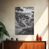 Coastal Cliff, Ocean View, Rocky Shoreline, Framed Canvas Print, Black and White Art, Coastal Living Wall Decor, Nature Landscape Art