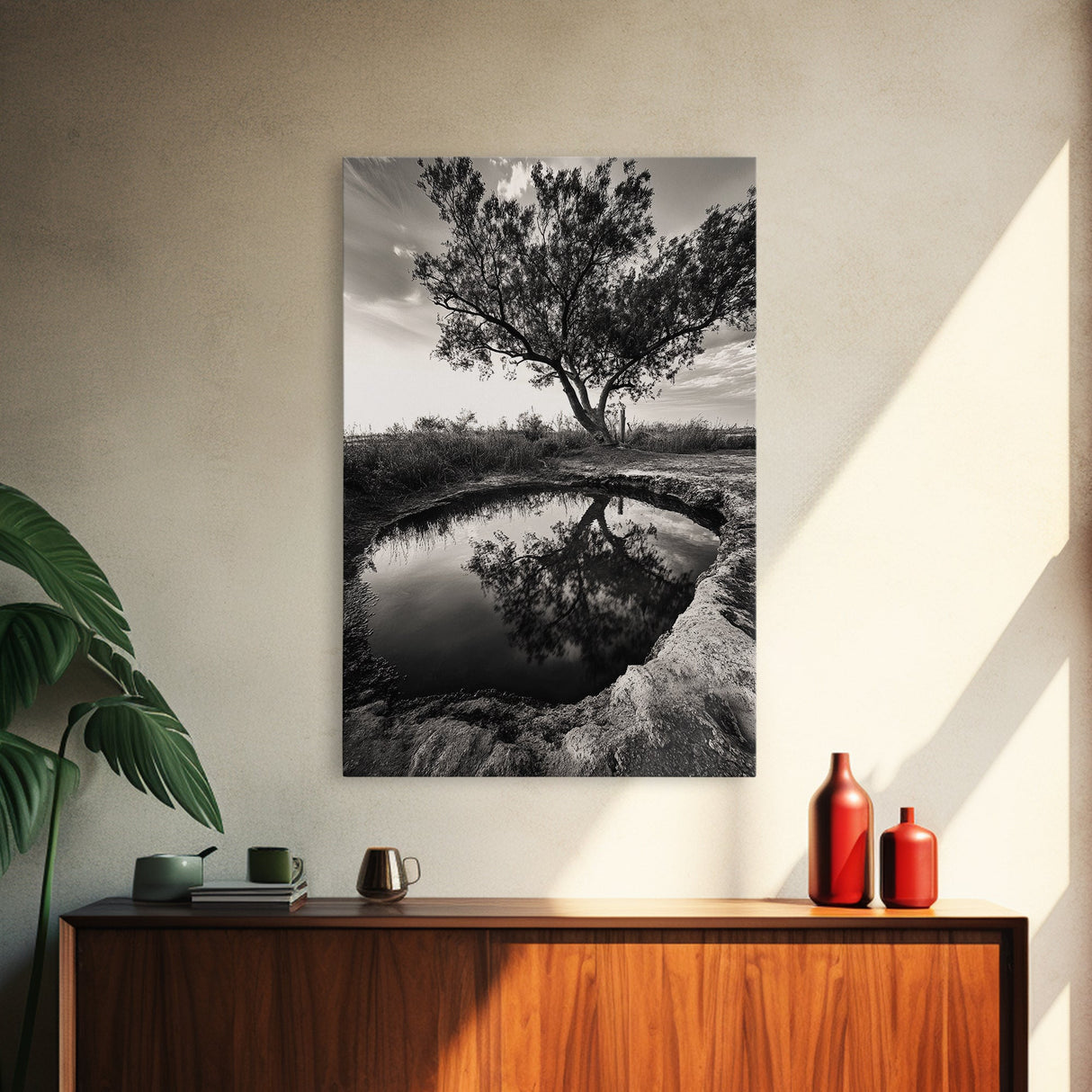 Tree Reflection, Still Water, Peaceful Nature, Framed Canvas Print, Tranquil Wall Art, Rustic Bedroom Decor, Black and White Photography